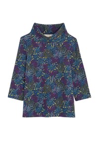 Blusa de estampado floral con cuello alto, que presenta una combinación de colores azul, púrpura y amarillo. Confeccionada en tejido suave y con mangas de tres cuartos.