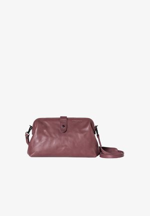 Leather handbag in mauve with a rounded shape, top zip closure, and detachable strap. Smooth texture with a subtle logo on the side.