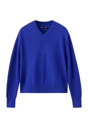 Jersey de punto azul real de manga larga con cuello en V y puños y dobladillo acanalados, mostrado sobre un fondo blanco.