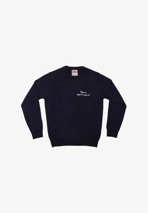 Maglione a maniche lunghe blu navy con scollo rotondo, con testo ricamato bianco "Negare, negare sempre!" sul petto a sinistra.