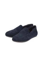 Marineblaue Wildlederloafer mit glatter Textur, runder Zehenform und minimalen Nähdetails an den Seiten. Flexibler Gummisohle.