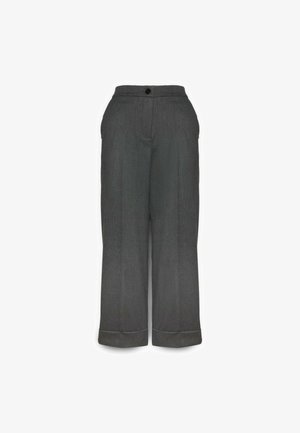 Maßgeschneiderte graue Hosen mit geradem Bein, aus strukturierter Stoffqualität, mit einem Knopfverschluss und umgeschlagenen Säumen.