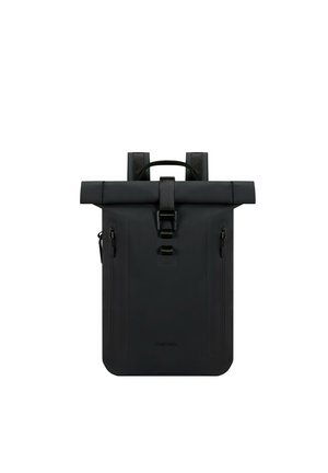 Black roll-top backpack made of waterproof material, featuring two side zippers, adjustable straps, and a secure buckle closure.