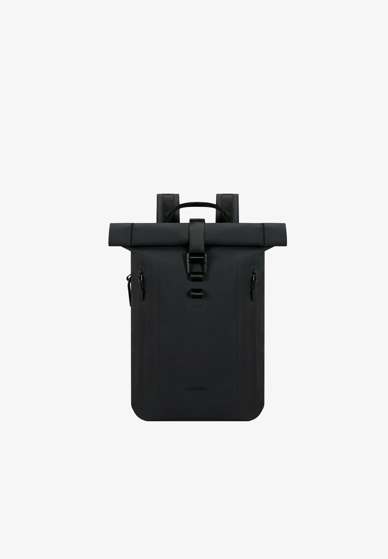 Black roll-top backpack made of waterproof material, featuring two side zippers, adjustable straps, and a secure buckle closure.