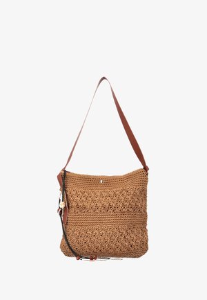 Geantă de umăr maro țesută cu model floral croșetat, curea reglabilă din piele și mărgele decorative pe șnur negru.
