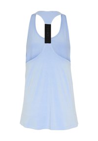 Light blue tank top with a racerback design, made from soft fabric. Features a black brand label on the back. Smooth texture and relaxed fit.