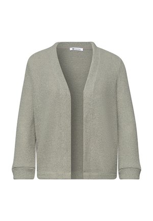 Lichtgrijze gebreide open front cardigan met lange mouwen en geribde boorden, weergegeven op een witte achtergrond.