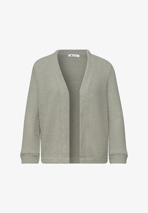 Cárdigan abierto de punto gris claro con mangas largas y puños acanalados, exhibido sobre un fondo blanco.