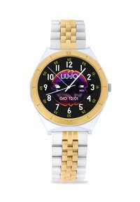 Rund ur med sort skive, guld- og sølvlinkarmb�ånd, guld bezel, hvide timemarkører og digital vejrvisning. Mærke: Liu Jo.
