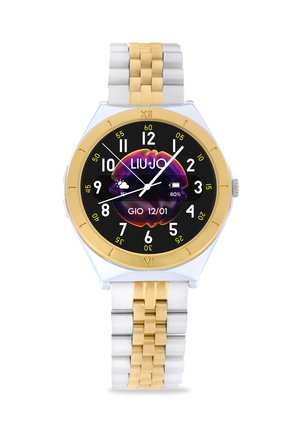Orologio rotondo con quadrante nero, bracciale in link dorati e argentati, lunetta dorata, indicatori delle ore bianchi e display digitale del meteo. Marca: Liu Jo.