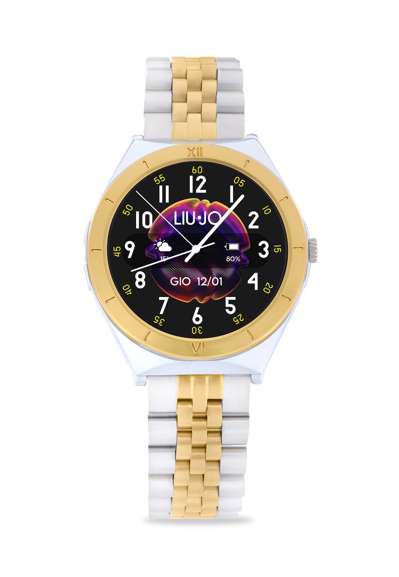 Rund ur med sort skive, guld- og sølvlinkarmbånd, guld bezel, hvide timemarkører og digital vejrvisning. Mærke: Liu Jo.