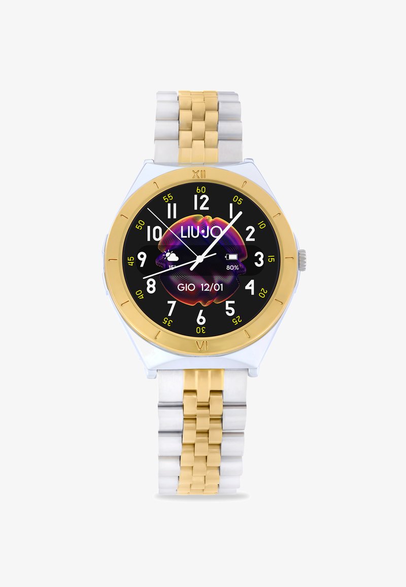 Orologio rotondo con quadrante nero, bracciale in link dorati e argentati, lunetta dorata, indicatori delle ore bianchi e display digitale del meteo. Marca: Liu Jo.