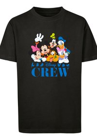 Camiseta de algodón negra con un gráfico colorido de personajes de Disney, incluyendo a Mickey, Minnie, Goofy, Pluto y Donald. Texto: "Disney CREW" en azul.