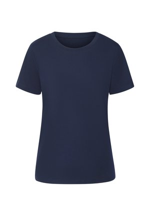Navy blue short-sleeve crew neck T-shirt with a simple, plain design on a white background.
