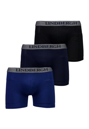 Set aus drei Herrenboxershorts in Schwarz, Dunkelblau und Königsblau mit grauen Bündchen der Marke "Lindbergh."