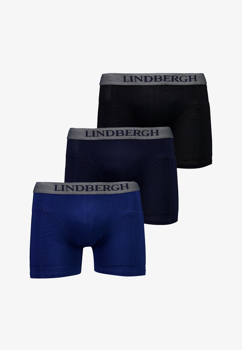 Set di tre boxer in cotone per uomo color nero, blu scuro e blu reale con elastici grigi marchiati "Lindbergh."