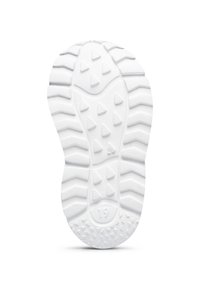 Bílá gumová podešev s texturovaným vzorem, obsahující trojúhelníkové a cik-cak vzory pro záběrovou účinnost. Velikost označena jako 19.