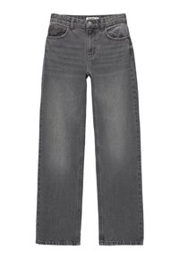 Jeans de denim gris de pierna recta con cinco bolsillos, lazos para cinturón y cierre de botón en la cintura.