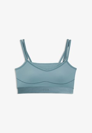 Blød, lyseblå sportstop lavet af strækbart stof. Har tynde stropper og en glat, ribbet kant med teksturerede detaljer.