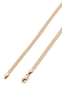 Kulta- sävyinen tuplaketju, jossa on teksturoitu pinta, varustettuna hummerilukkoilla kummassakin päädyssä turvallista sulkemista varten.