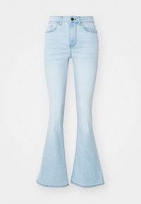 Lyseblå utsvungne jeans laget av denim, med høy midje, fem lommer og glidelås med en enkelt knapplukking.