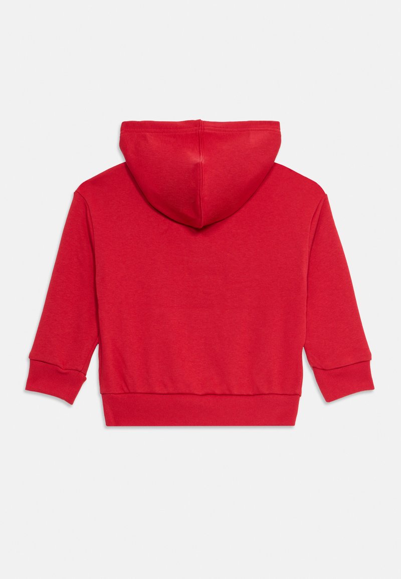 Sweatshirt à capuche rouge avec des manches longues, des poignets et un ourlet côtelés. Tissu doux avec une texture lisse. Vue arrière, aucune caractéristique supplémentaire visible.