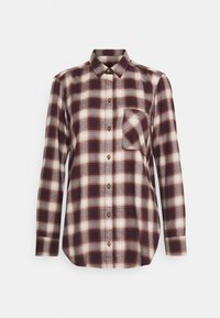 Langärmliges Karohemd mit durchgehender Knopfleiste, in dunklem Rot und Cremefarben, mit einer Brusttasche und abgerundetem Saum. Aus weichem Flanellmaterial.