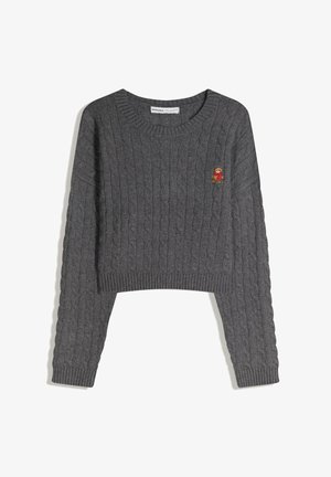 Maglione grigio lavorato a maglia con motivo a trecce, design crop e polsini a coste. Include un piccolo dettaglio ricamato a forma di orso sul petto.