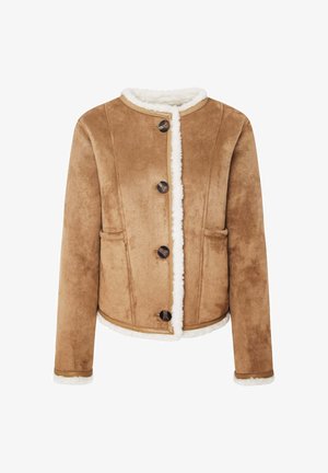 Rjava semiš jakna z belim umetnim krznom okoli ovratnika in roba, petimi velikimi gumbi ter dvema stranskima žepoma. Preprost, strukturiran dizajn.