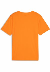 Oranžs īsām piedurknēm T-krekls, izgatavots no gludas auduma. Ar apaļu dekoltē un bez rakstiem vai rotājumiem.