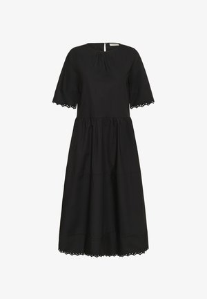 Vestito midi nero con maniche corte, scollo rotondo, vita arricciata e rifinitura in pizzo smerlato su maniche e orlo.