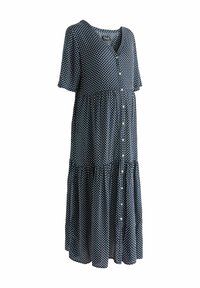 Marime sinimustad valgete täppidega kleit, lühikesed varrukad, nööbiga esiosa, kihiline disain, voolav kangas, põlvepikkune, valged täpid ühtlaselt jaotatud.