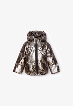 Metallisk pufferjacka med huva, med dragkedja framtill, samlad nederkant och glansig yta. Tillverkad av lätt, glänsande material.