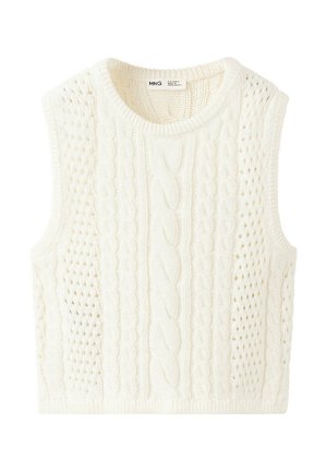 Gilet sans manches en tricot de couleur crème avec des motifs torsadés et ajourés et un col rond.