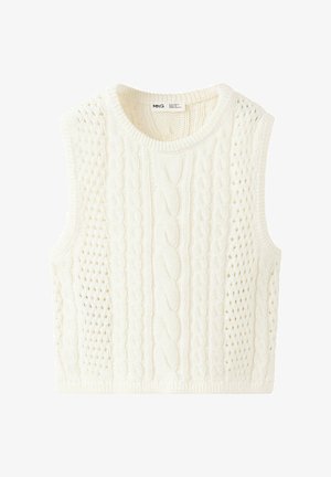 Gilet sans manches en tricot de couleur crème avec des motifs torsadés et ajourés et un col rond.