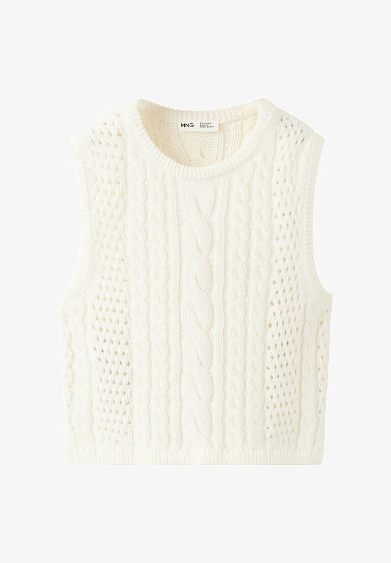 Gilet sans manches en tricot de couleur crème avec des motifs torsadés et ajourés et un col rond.