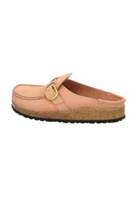 Pink leather slip-on shoe with a rounded toe, adjustable strap featuring a gold buckle, and a cork platform sole with a black rubber bottom.