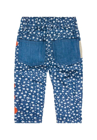 Pantalons en denim avec taille élastique, bleus avec motif d'étoiles blanches, deux poches arrière et accents orange sur le côté.