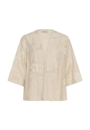 Svetlo bež odprta kimono jakna z širokimi rokavi in subtilnim cvetličnim kovinskim vezenim vzorcem.