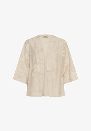 Svetlo bež odprta kimono jakna z širokimi rokavi in subtilnim cvetličnim kovinskim vezenim vzorcem.