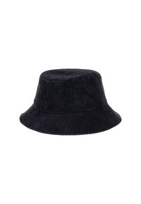 Czarny kapelusz typu bucket wykonany z teksturowanej sztruksowej tkaniny, z szerokim, nachylonym w dół rondem oraz bezszwową, zaokrągloną koroną.