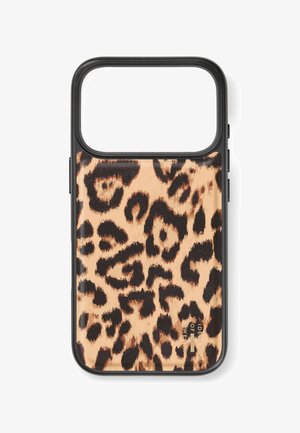 Funda para smartphone con borde negro y estampado de leopardo beige que cubre la parte trasera, diseñada para un teléfono con un gran recorte para el módulo de la cámara.