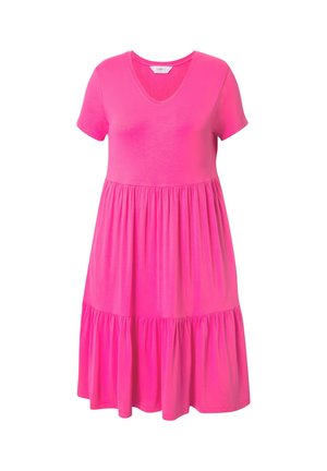 Pink short-sleeve dress with a V-neck, featuring a tiered, gathered skirt for a relaxed fit, made from soft, lightweight fabric.
