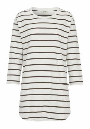 Hvid tunika med lange ærmer og vandrette brune striber samt to forlommer, fremhævet af en rund halsudskæring.