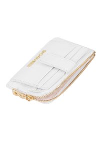 White leather wallet with textured finish, featuring a gold zipper and logo, multiple card slots, and a secure flap closure.