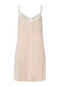 Lichtroze cami-top met dunne bandjes, voorzien van een witte kantafwerking langs de halslijn. Zachte, gladde textuur met een ontspannen vorm.