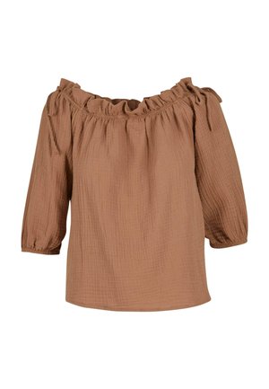 Hnědý top bez ramínek vyrobený z texturované látky. Má volánkový výstřih a nabírané rukávy, s nastavitelnými šňůrkami na ramenou.