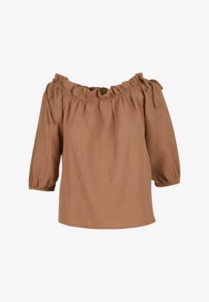 Hnědý top bez ramínek vyrobený z texturované látky. Má volánkový výstřih a nabírané rukávy, s nastavitelnými šňůrkami na ramenou.