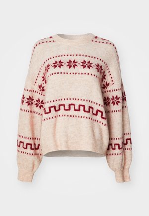 Light beige sweater with red snowflake and geometric patterns, loose fit, long sleeves, round neckline, and ribbed hem and cuffs.