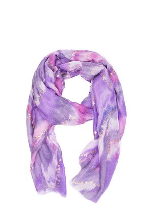 Sciarpa leggera viola con motivi astratti nei toni del rosa e grigio, con sottili accenti dorati. Tessuto morbido e fluido.